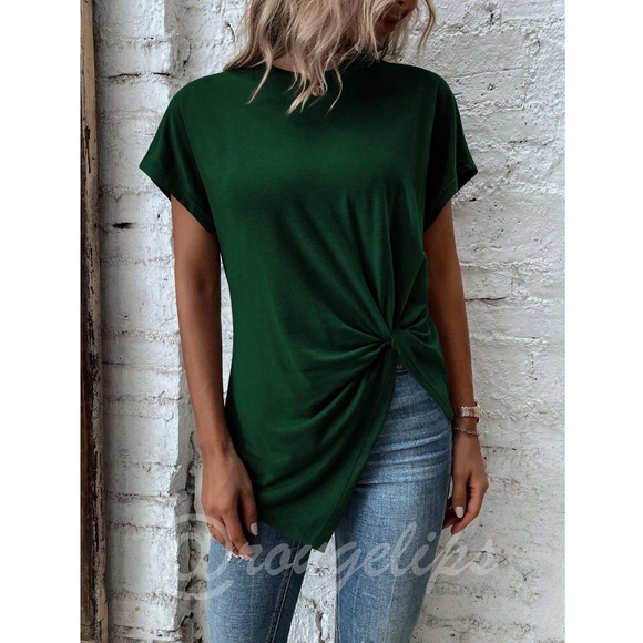 Twist Detail Green Tee Shirt Short Sleeve Round Neck - Picture 2 of 13